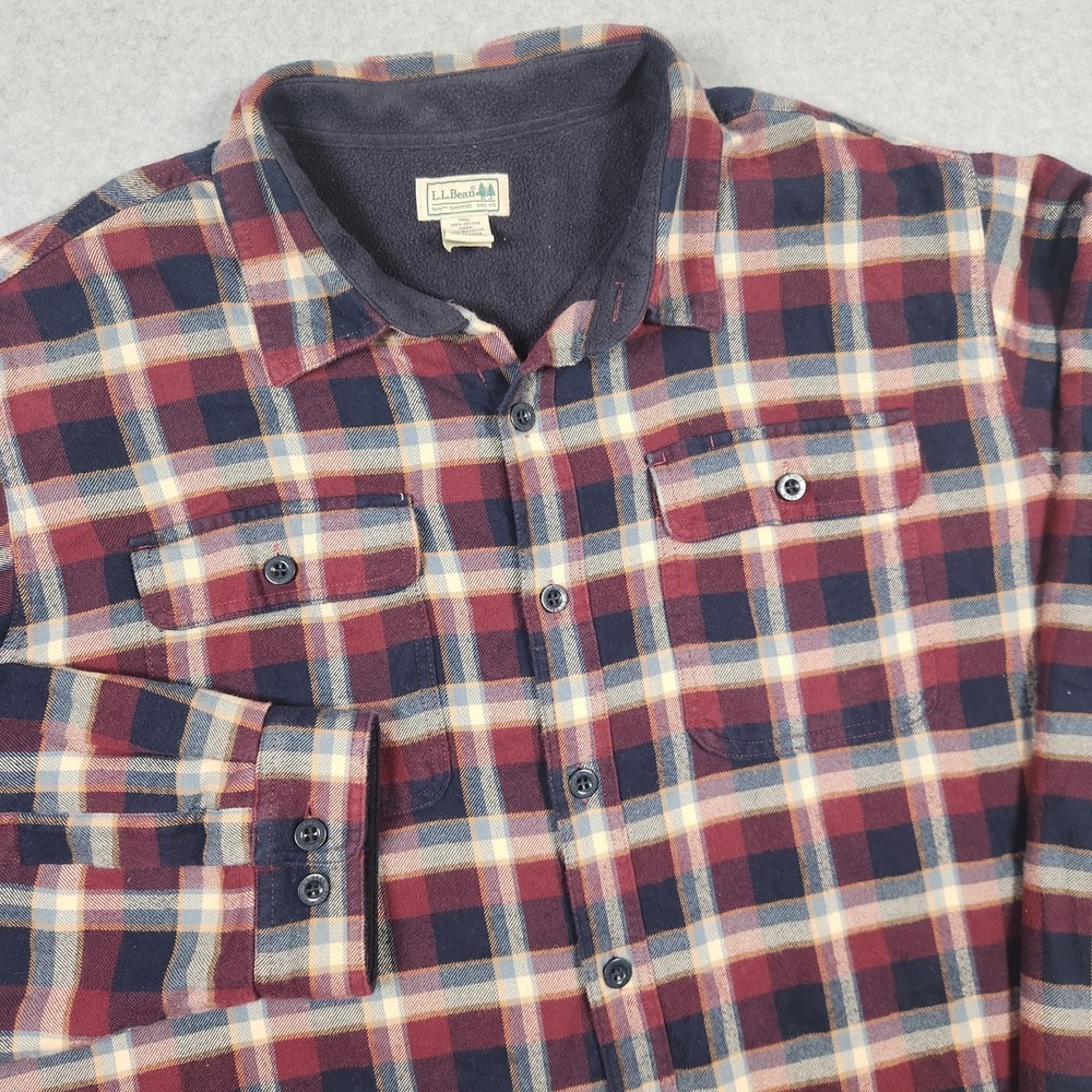 LL Bean Fleece Lined Flannel Shirt Jacket Mens XXL Tall Red Blue Plaid Button Up
